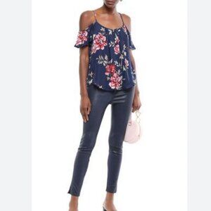 Joie Adorlee Cold-shoulder Floral-print Silk-crepe Top Navy S